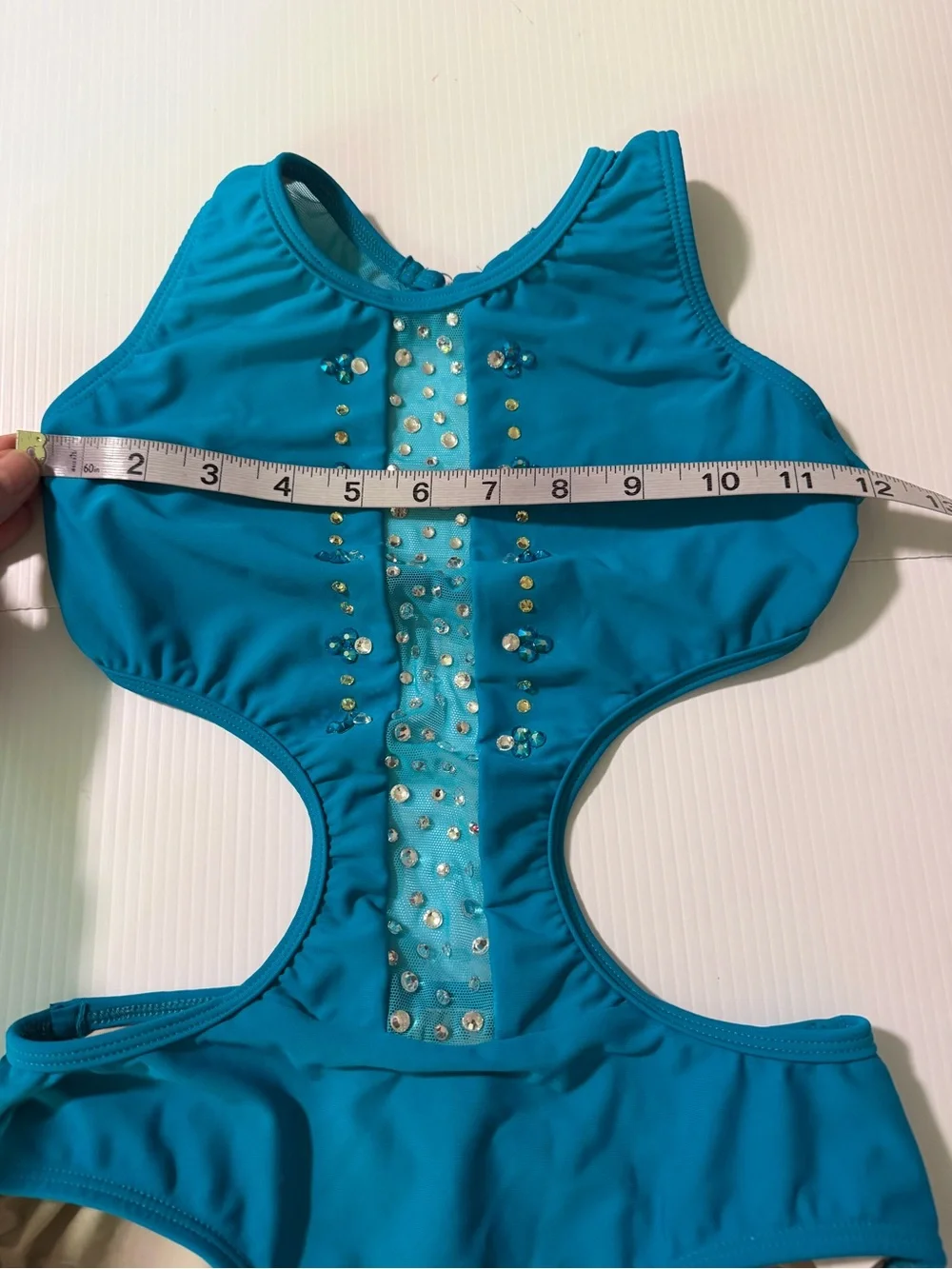 Opra solo custom dance costume leotard cutout illusion teal aqua LC-large child